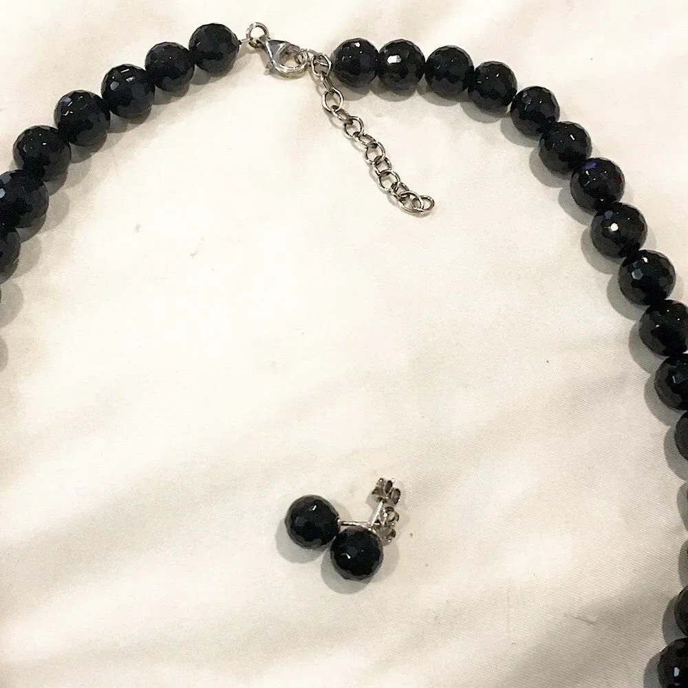 Vintage Black Onyx Faceted Necklace & Faceted Onyx Sterling Silver Earrings Set